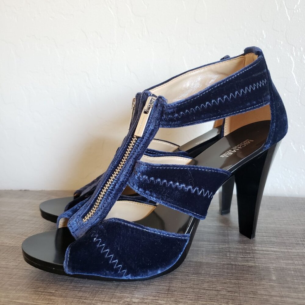 Michael Kors Berkley Velvet T-Strap Heels Admiral Blue Size Women's 10 Zippered